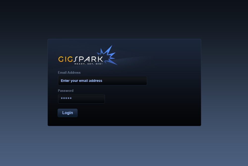 The GigSpark sign-in: the wordmark and burst with Ready, set, gig! over email and password fields.