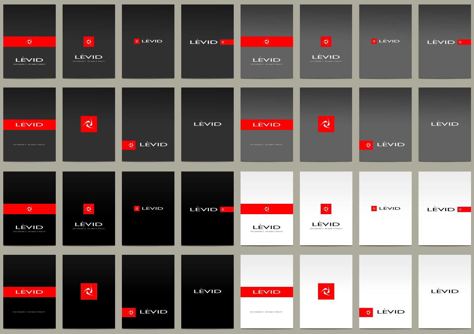 Levid folders in black, red and white, stacked in a grid.