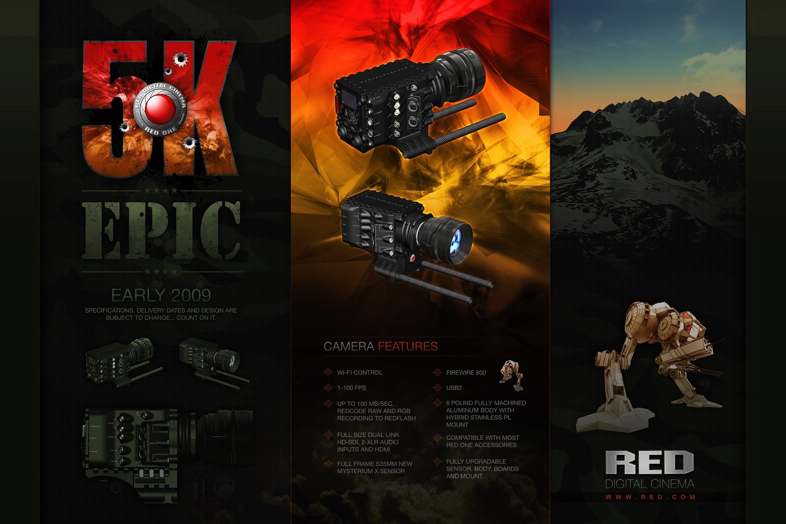 EPIC collateral: 5K and EPIC in distressed type, Early 2009, the camera over fire and mountain panels, and camera features.