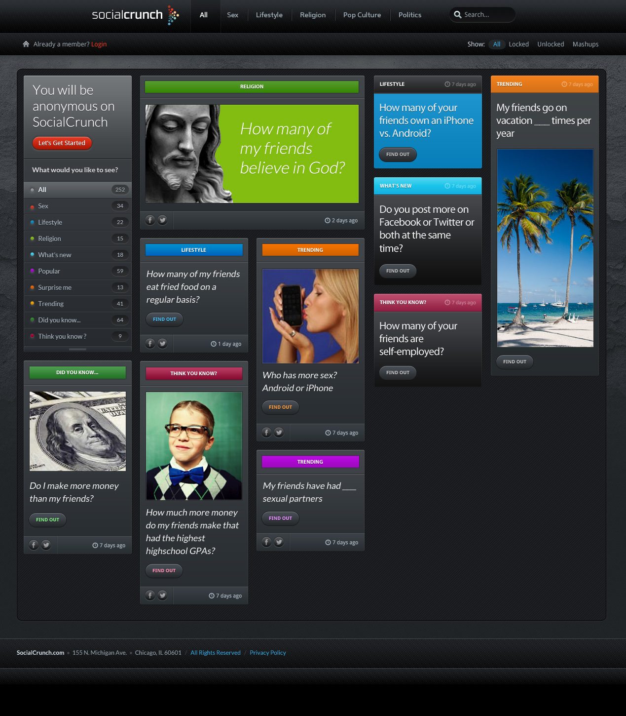 A second dark concept with the category rail collapsed and a denser grid of question cards.