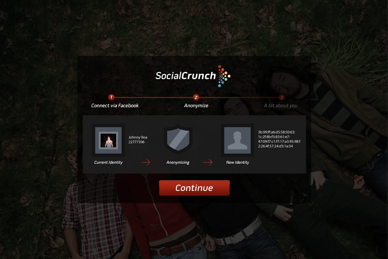 The anonymize step: Connect via Facebook, Anonymize, A bit about you, with a current identity turning into a hashed new identity, and a red Continue button.