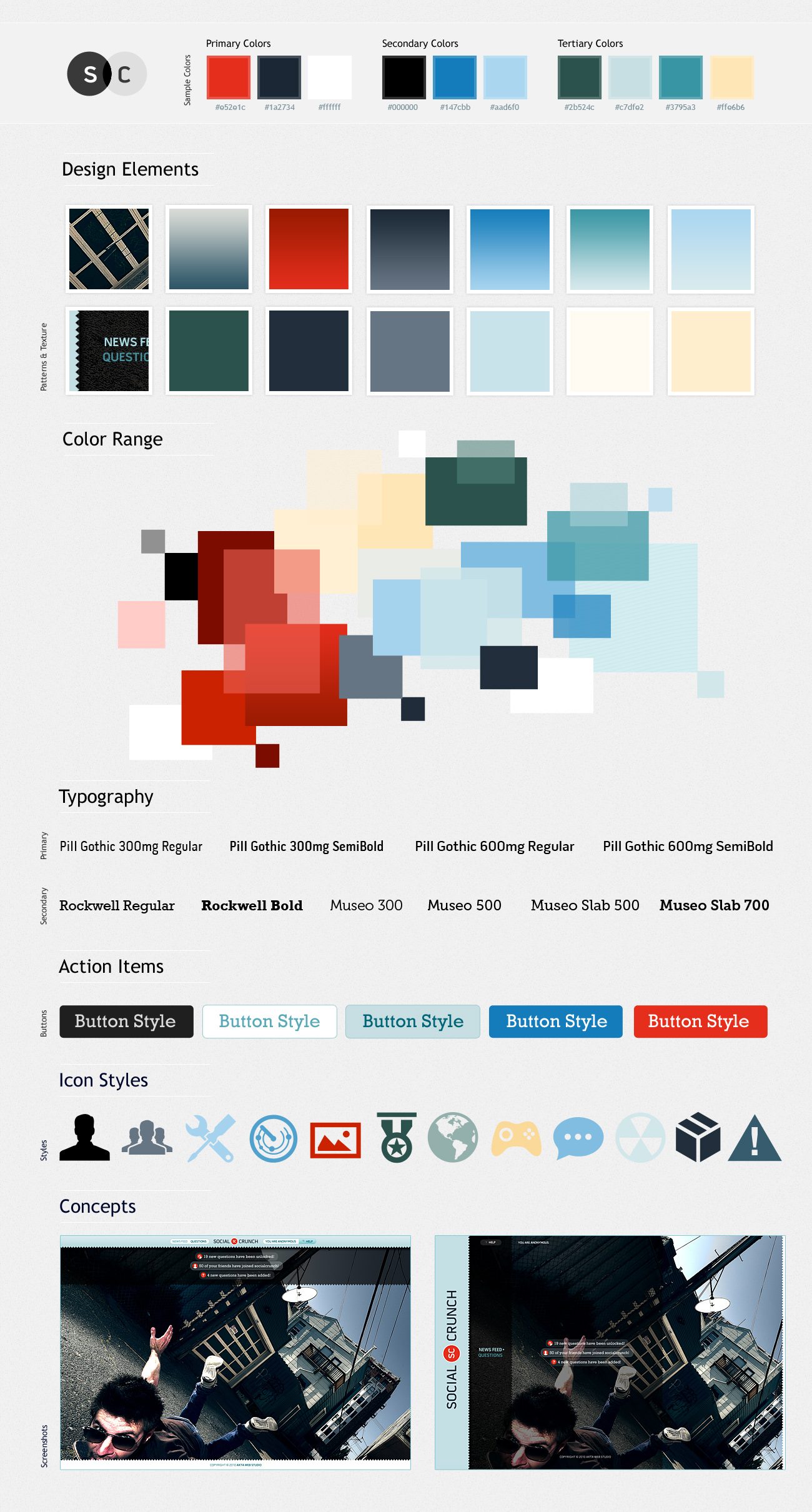 The mood board: an SC monogram, primary, secondary and tertiary colours (red, navy, white, black, blues, teal and cream), patterns and textures, a colour range, Pill Gothic, Rockwell and Museo type, button styles, icon styles and two early concepts.