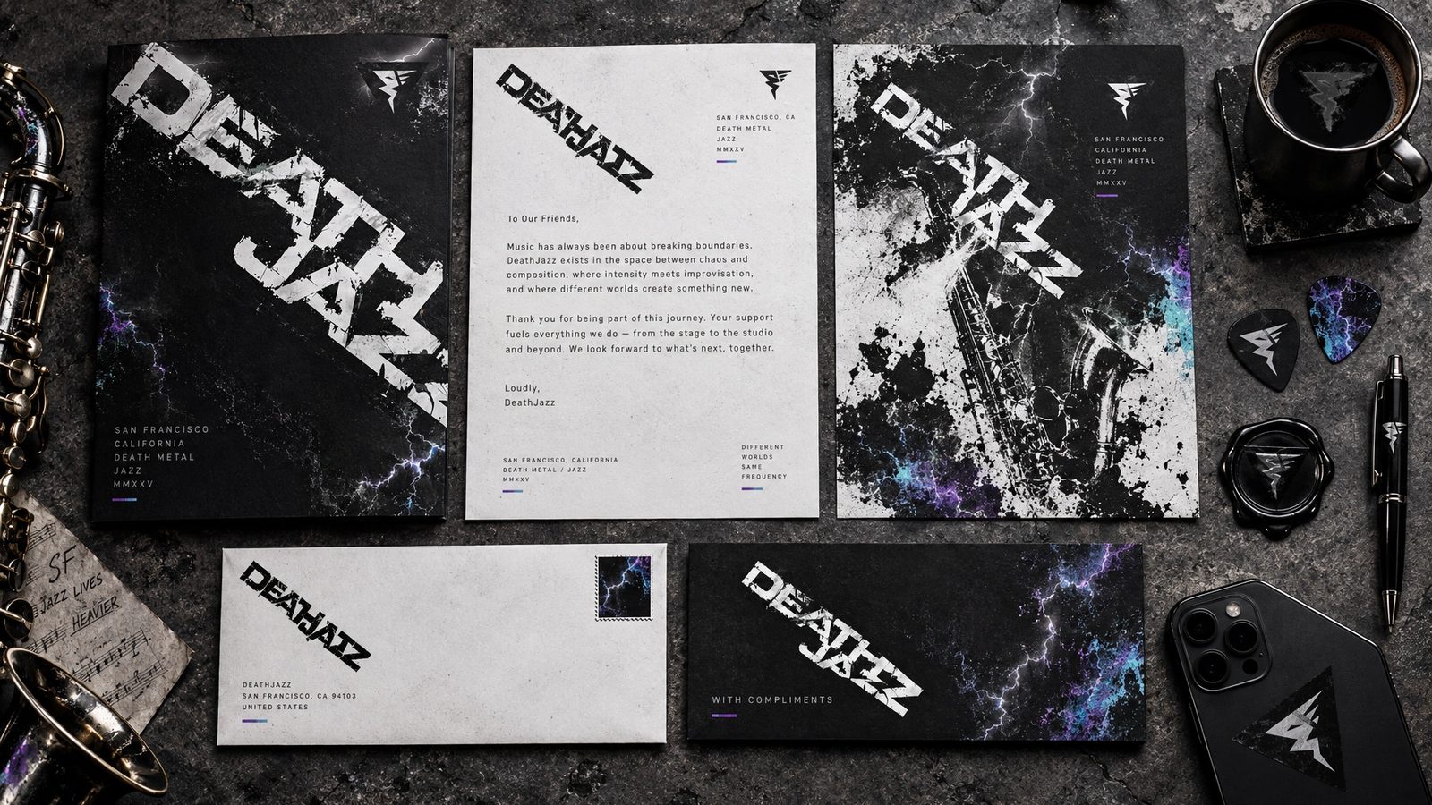 DeathJazz. Stationery: letterhead, envelope, compliment slip, guitar picks and a wax seal