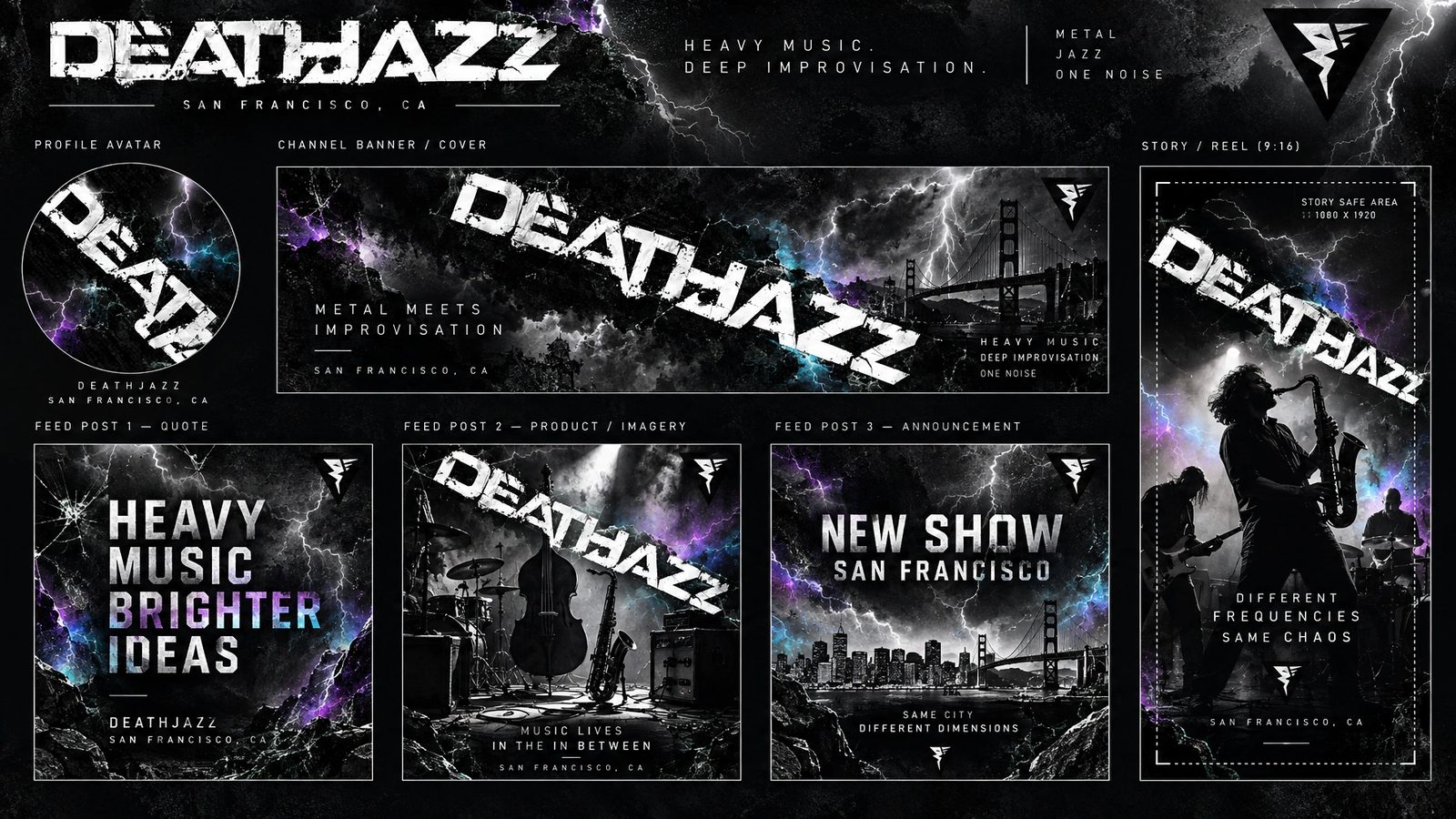 DeathJazz. Social kit: avatar, channel banner, feed posts and a story