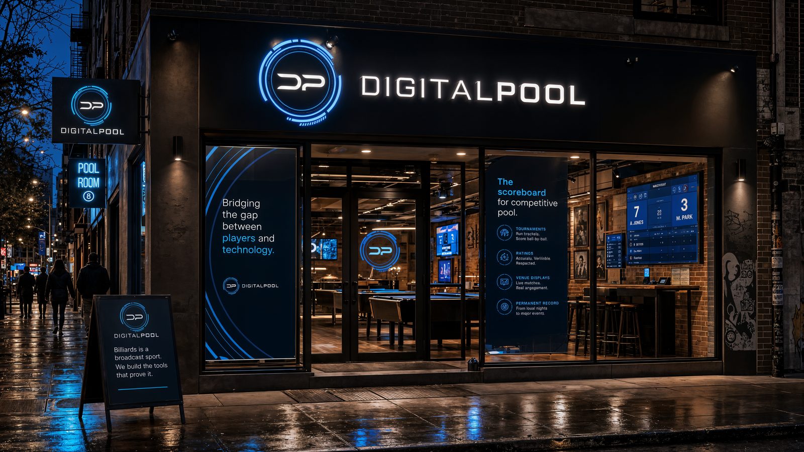 Digital Pool. Storefront signage