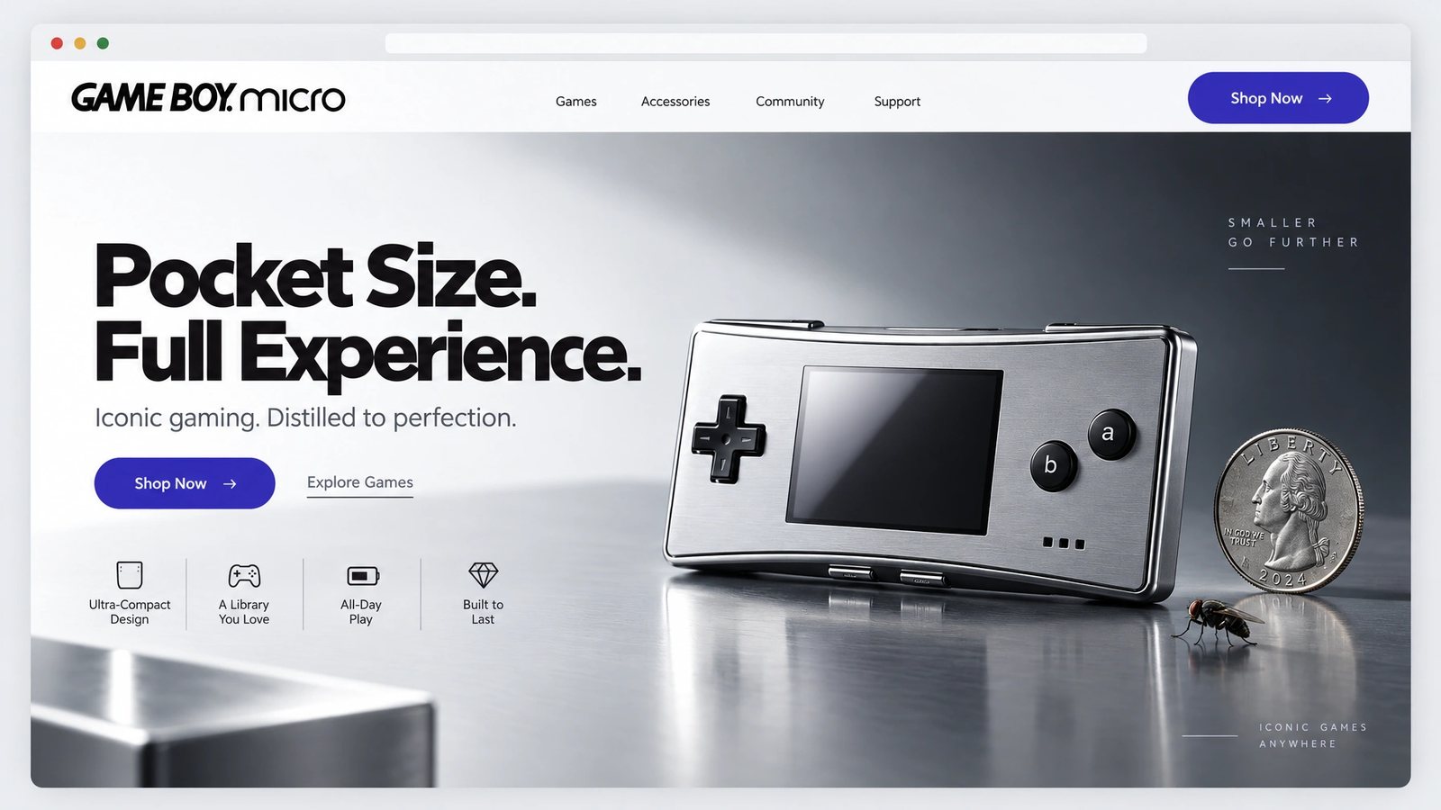 Game Boy Micro. Website hero, Pocket Size. Full Experience.