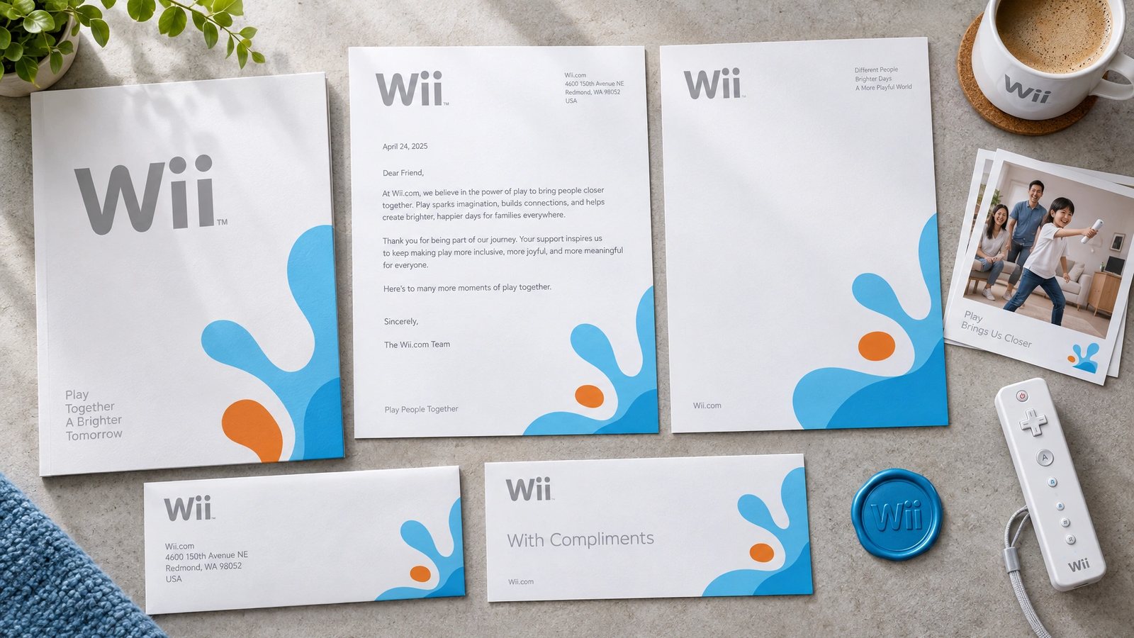 Wii.com. Stationery, with blue and orange splash graphics