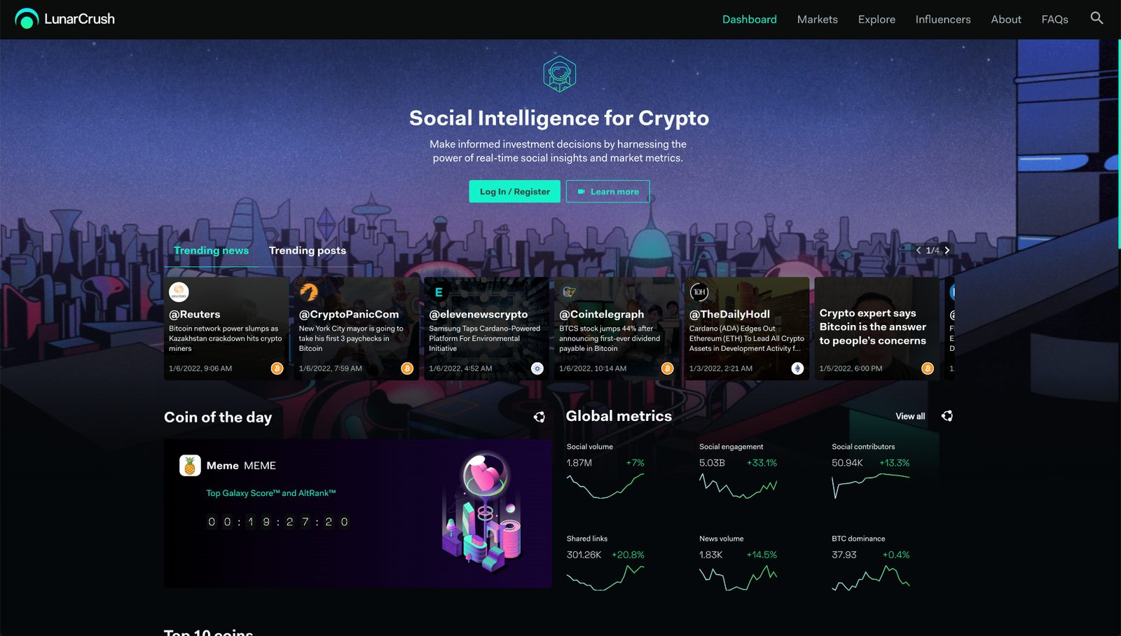 Social intelligence for crypto. The web app dashboard, trending coins and global metrics.