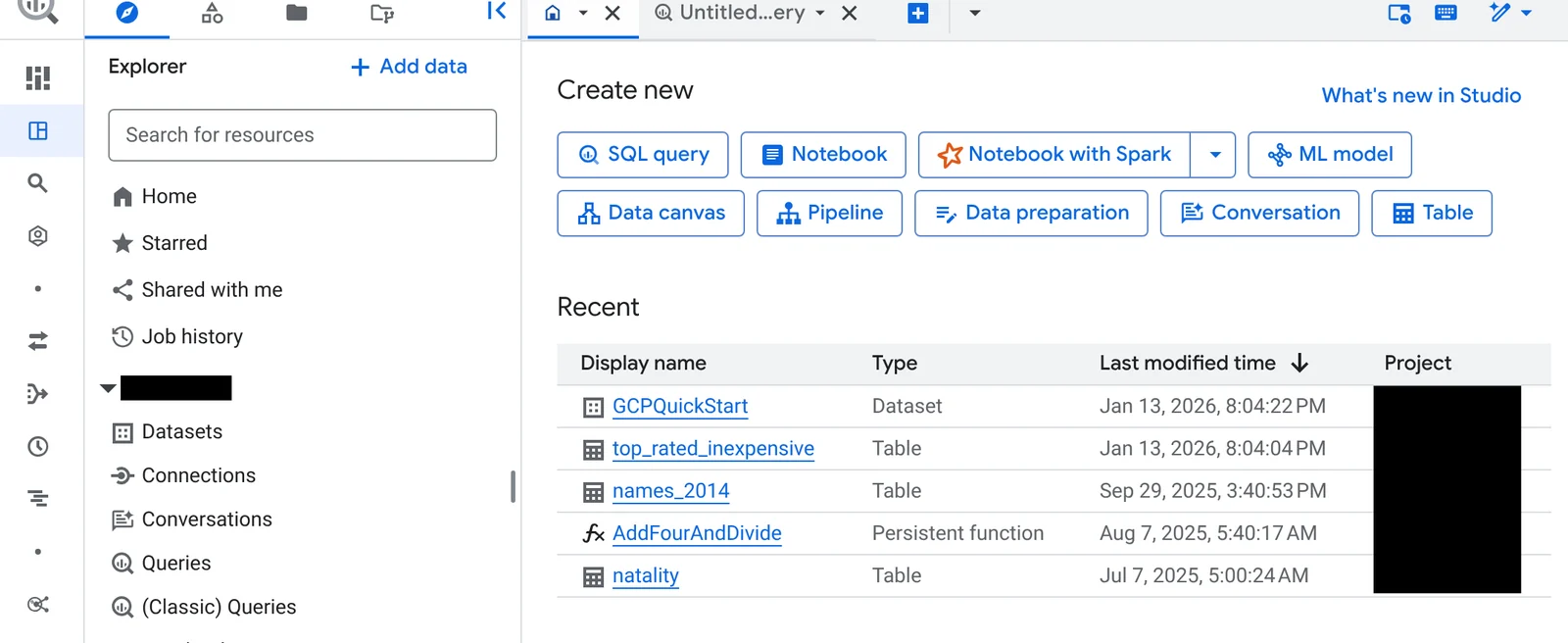 BigQuery Studio in the Google Cloud console: an Explorer pane on the left, and a Create new panel offering SQL query, Notebook, Data canvas, Pipeline, Data preparation and Conversation.