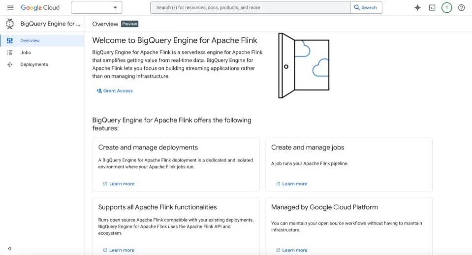 BigQuery Engine for Apache Flink overview page in the Google Cloud console, marked Preview, with Jobs and Deployments in the side navigation.