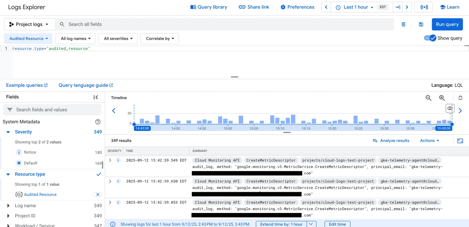 Cloud Logging's Logs Explorer: a query bar, a histogram timeline of log volume, and a results table of audit log entries.