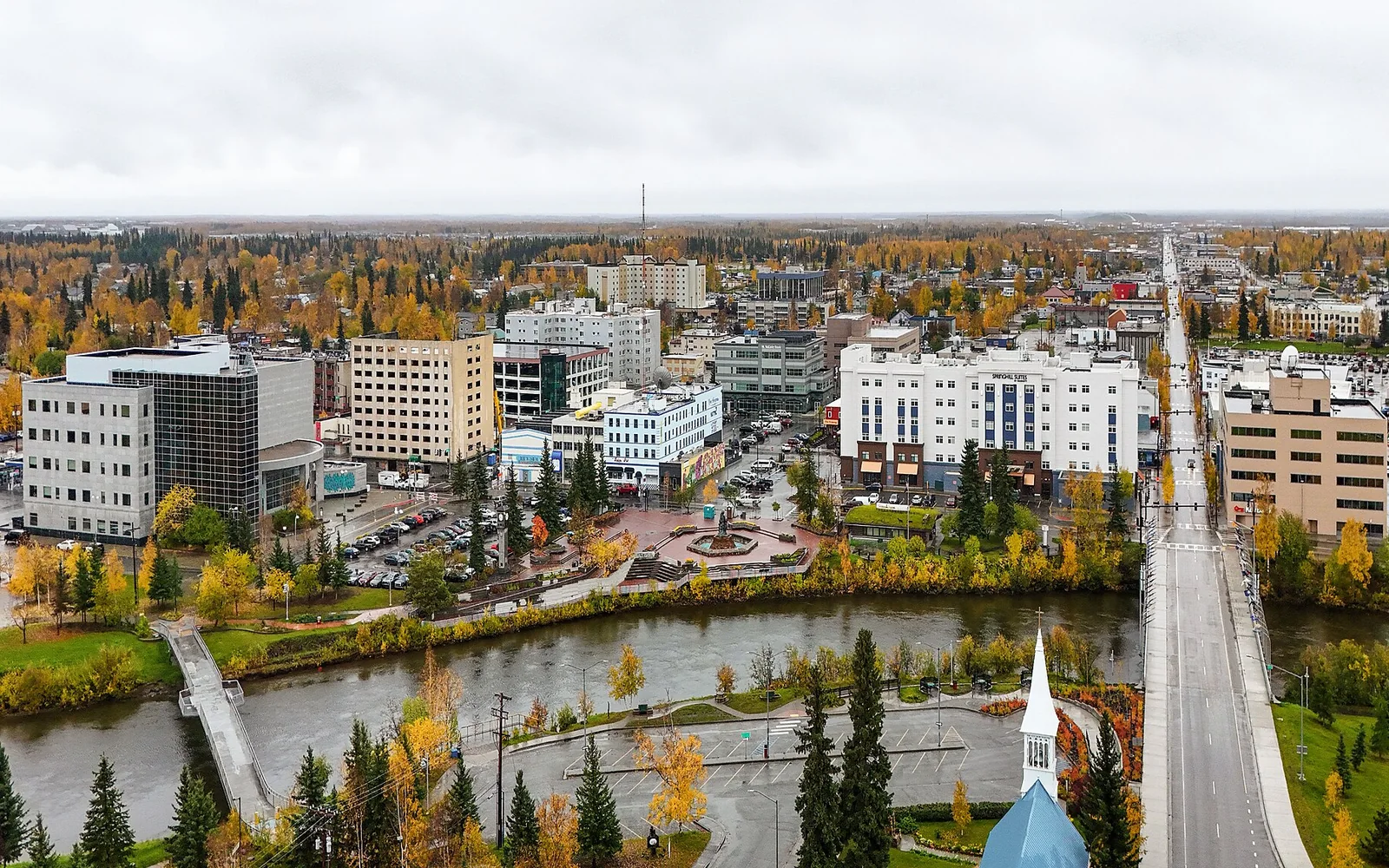 Downtown Fairbanks and the Chena River in autumn