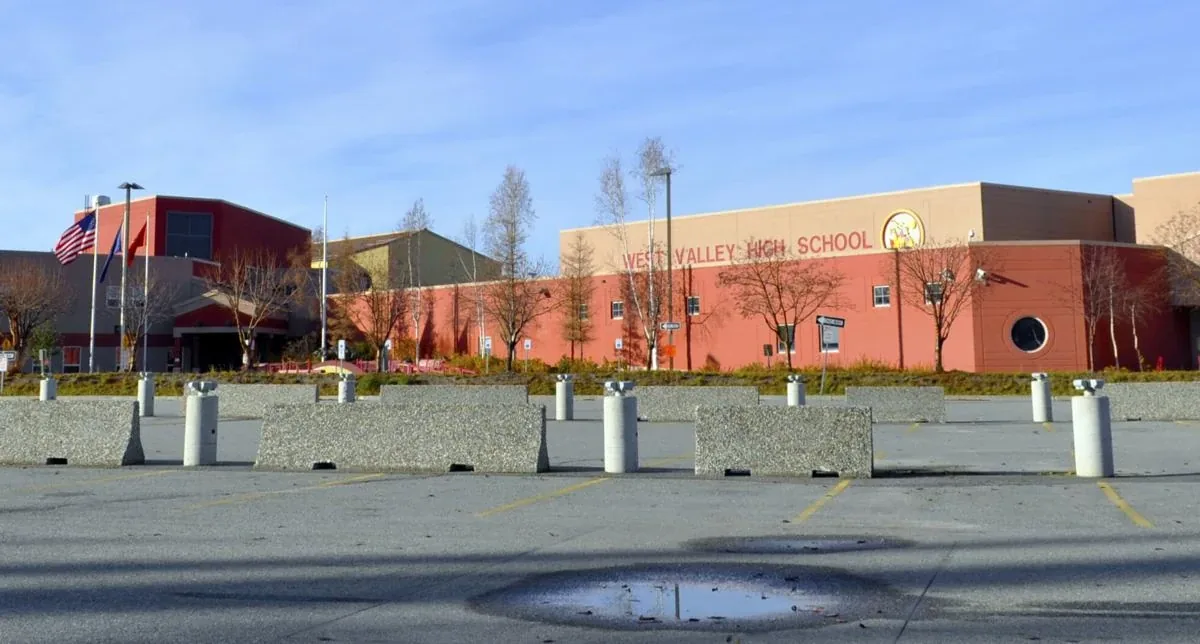 West Valley High School in Fairbanks, Alaska, seen from the parking lot